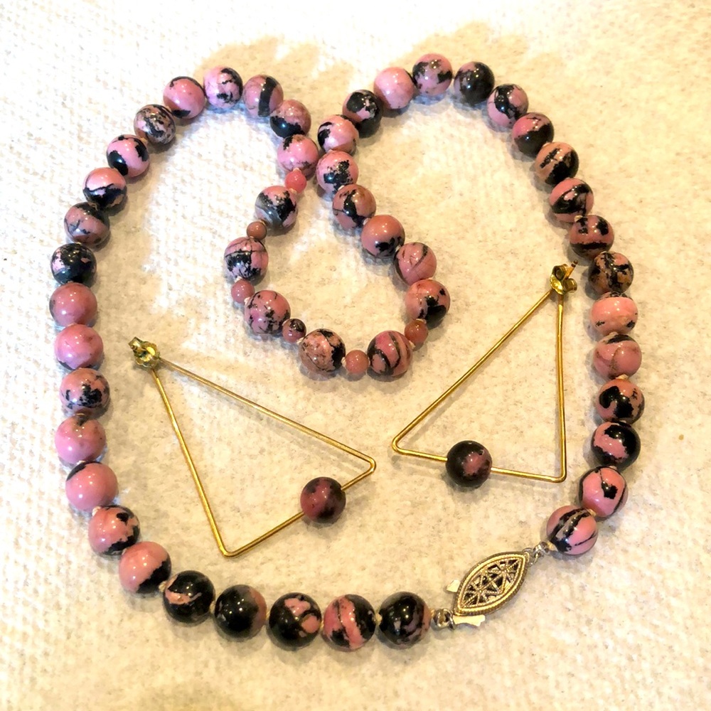 Rhodonite beaded necklace & matching earrings